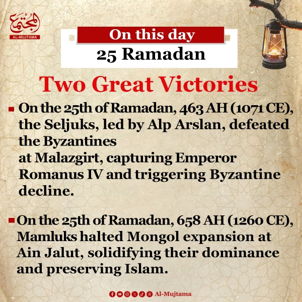 25th Ramadan    • Seljuks defeated the Byzantines  • Mamluks stopped the Mongols