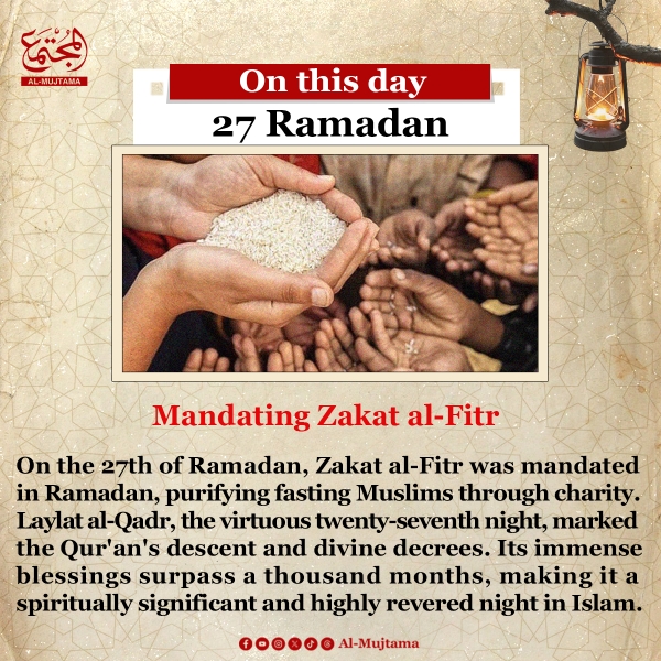 On this day, 27th Ramadan - Zakat al-Fitr was mandated to purify fasting Muslims and help the needy